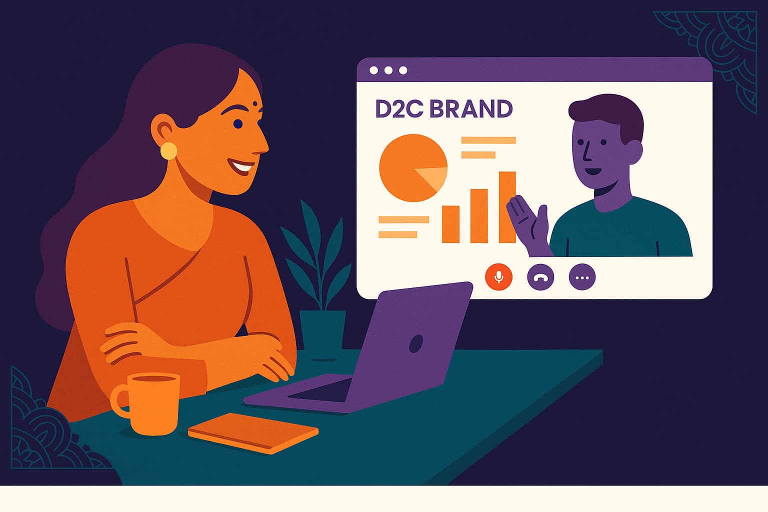 An Indian entrepreneur watching her AI agent present a D2C pitch deck on a Google Meet call