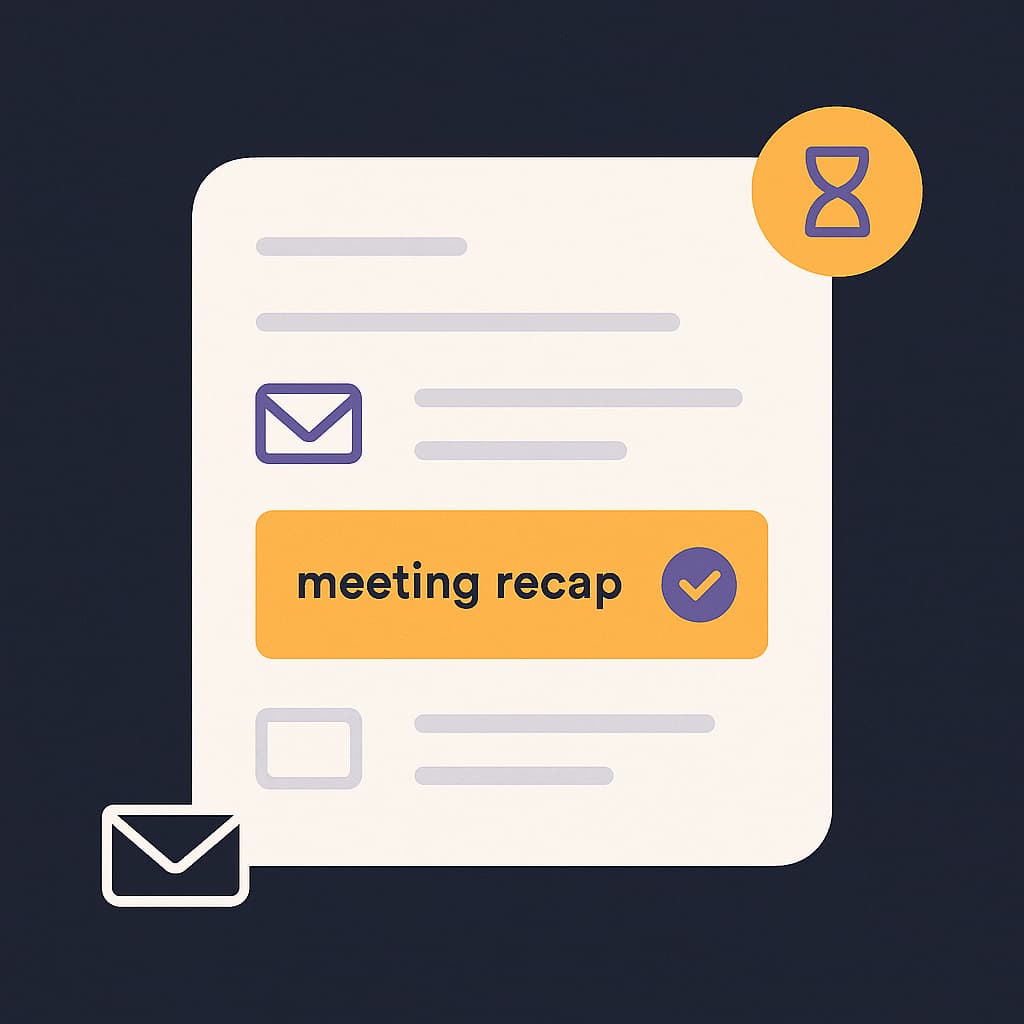 Inbox with a meeting recap card and a saffron time-saved badge